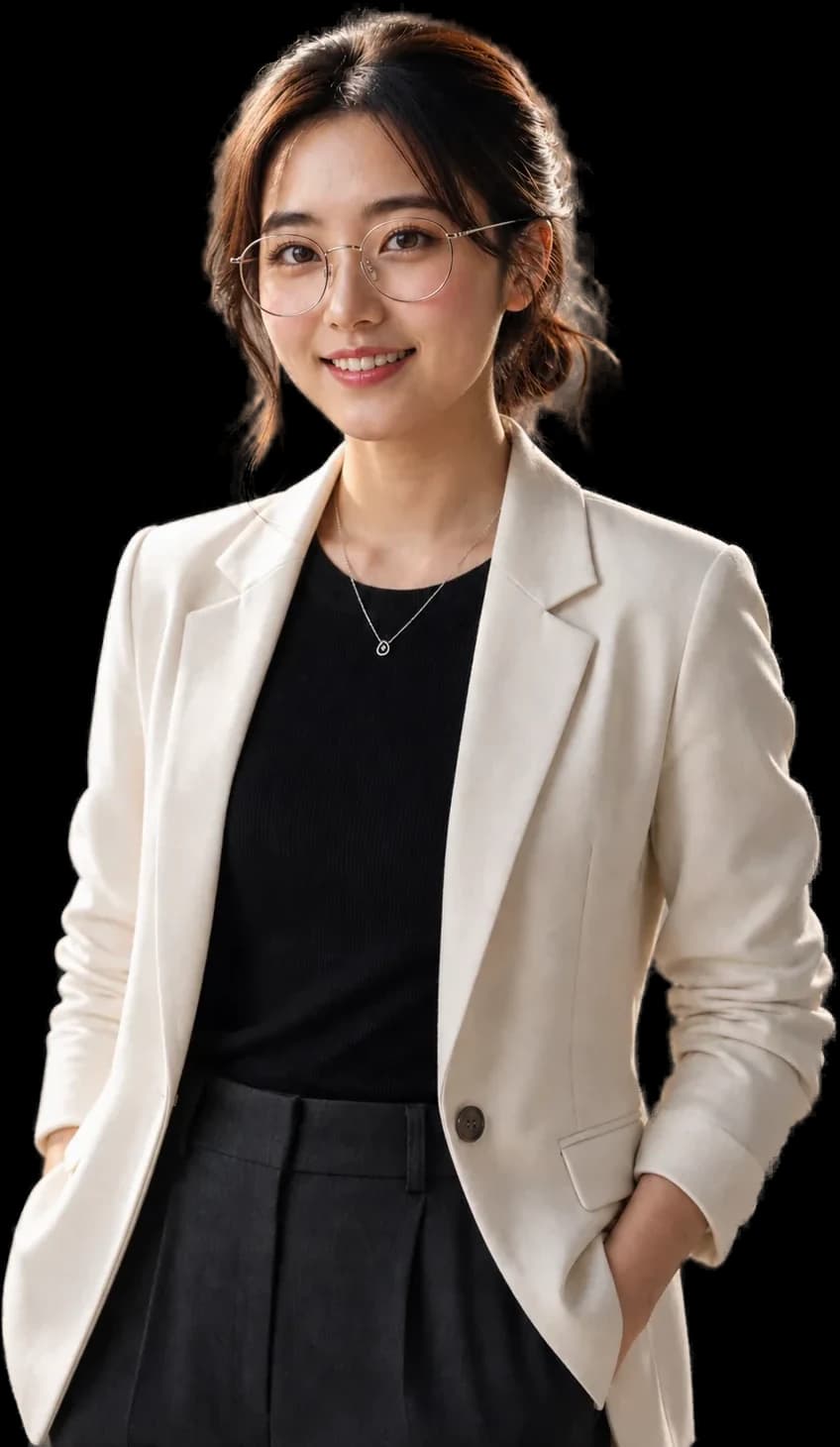 Finny dari Finday, berkacamata bulat dan memakai blazer krem, berdiri di samping ponsel yang menampilkan aplikasi Finday