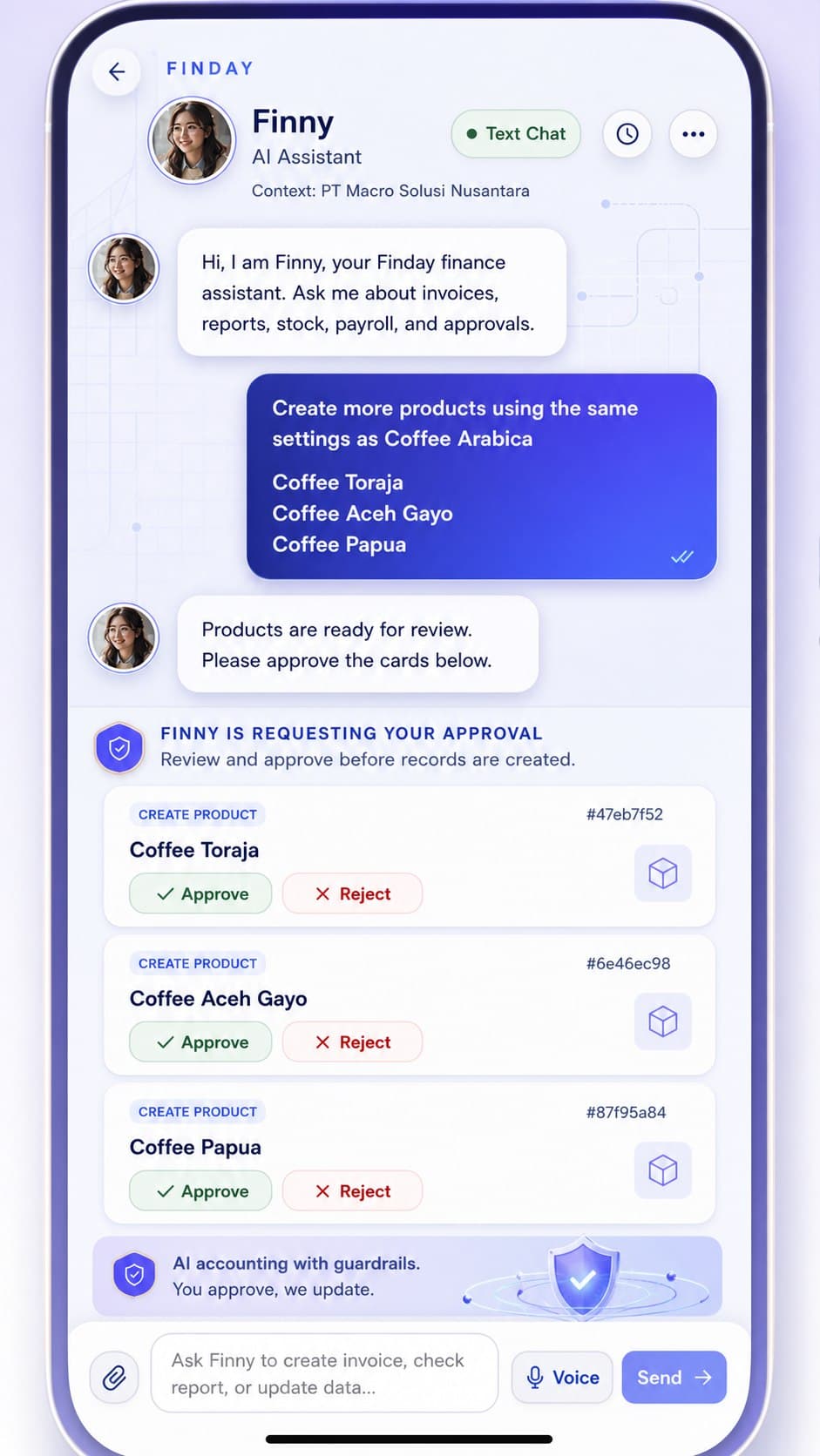 Polished Finny mobile chat showing AI-created approval cards with approve and reject controls